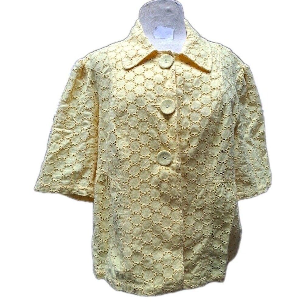 Style & Co. 100% Linen Lace Blazer Top Yellow Floral Print Blouse Eyelet